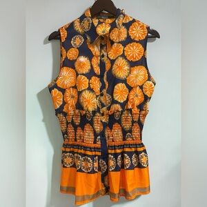Eva Franco Navy and Orange Sleeveless Printed Top